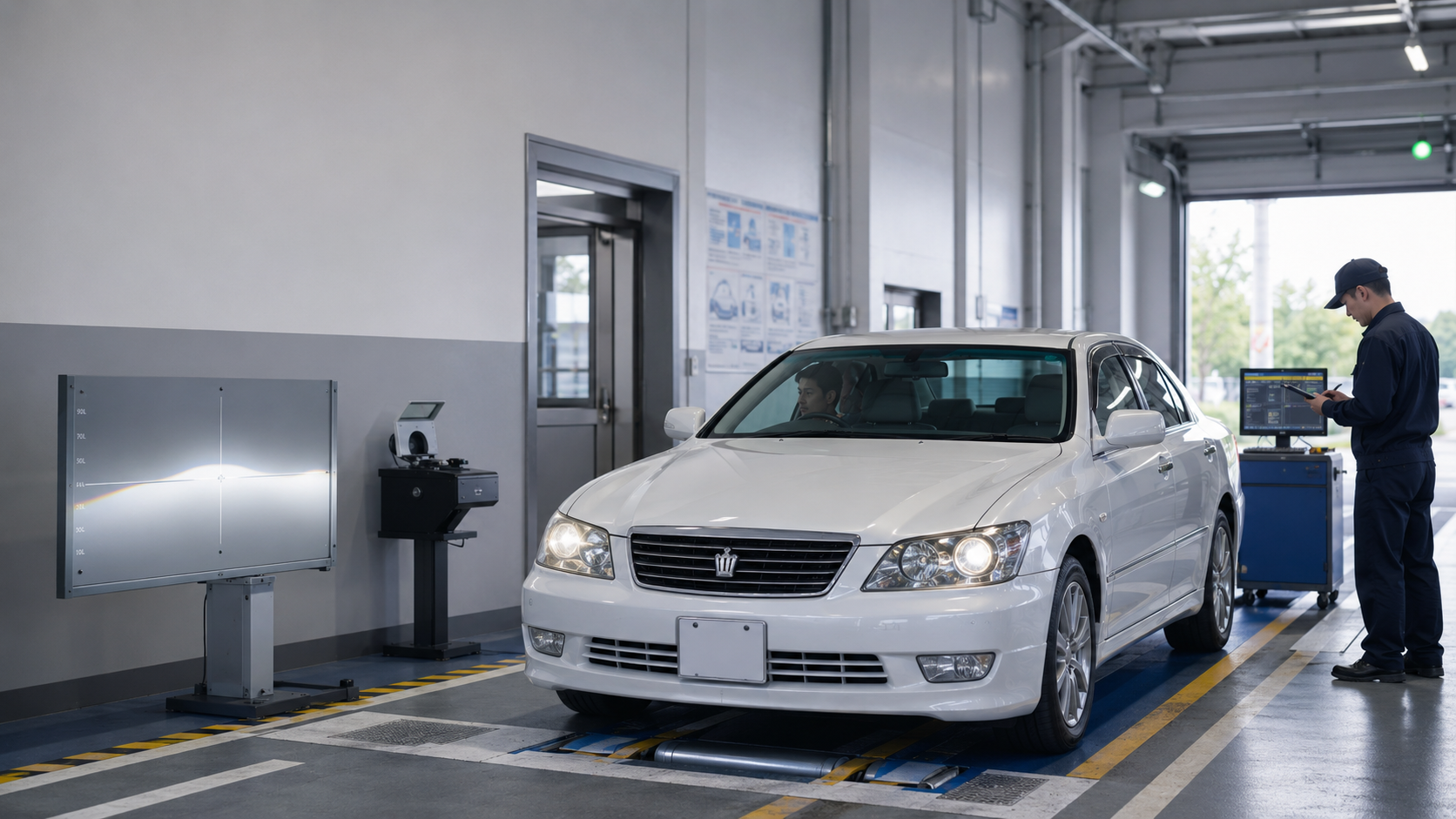 На картинке изображено японское авто с правым рулём, оно проходит техосмотр